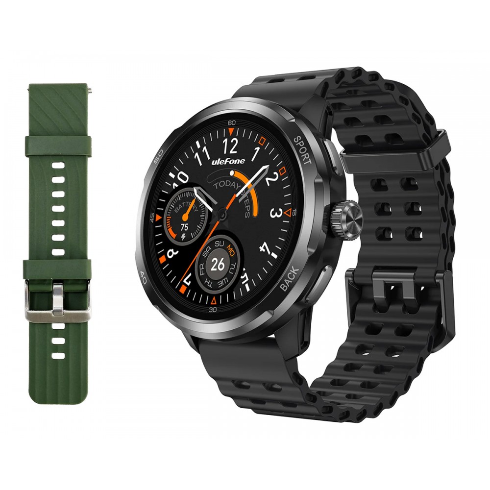 ULEFONE smartwatch Armor Watch Pro, 2x λουράκια, heart rate, 1.50 AMOLED, GPS, 5 ΑΤΜ/IP68/IP69K/MIL-STD-810H, μαύρο