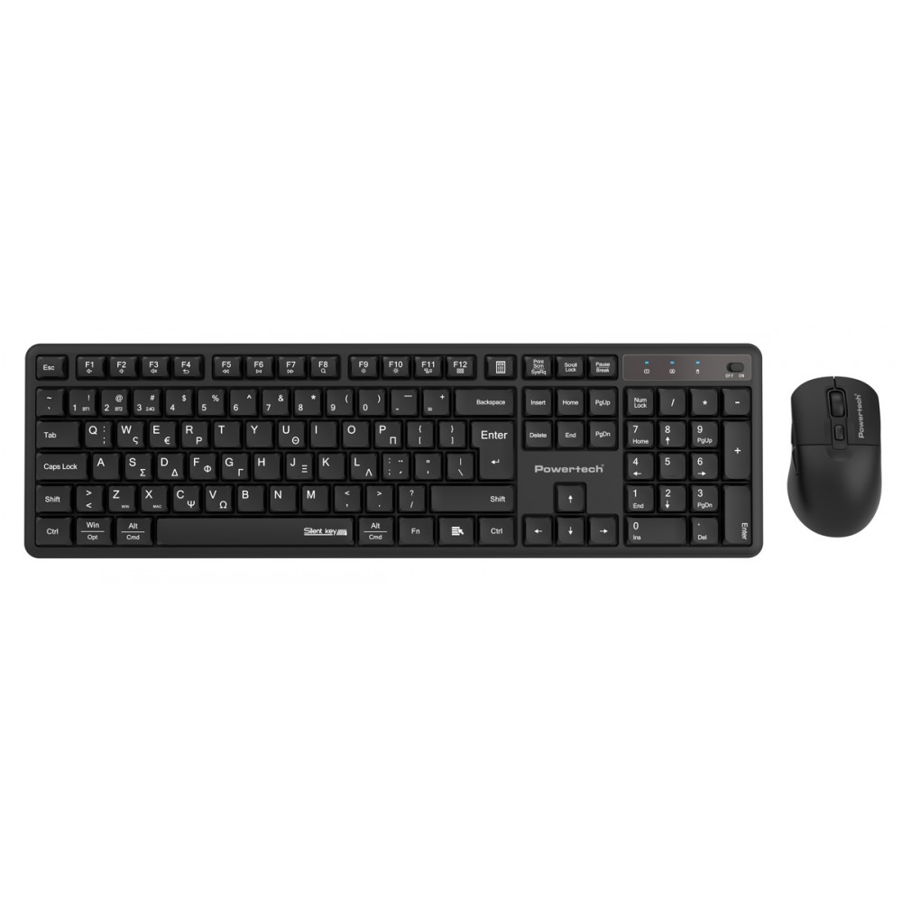 POWERTECH set ασύρματο ποντίκι & πληκτρολόγιο PT-1540, 2.4GHz & Bluetooth, αθόρυβο, μαύρο