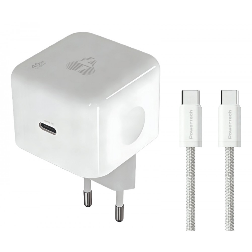 POWERTECH φορτιστής τοίχου PT-1581 με καλώδιο, USB-C, 40 έως 60W, GaN, AVS, λευκός