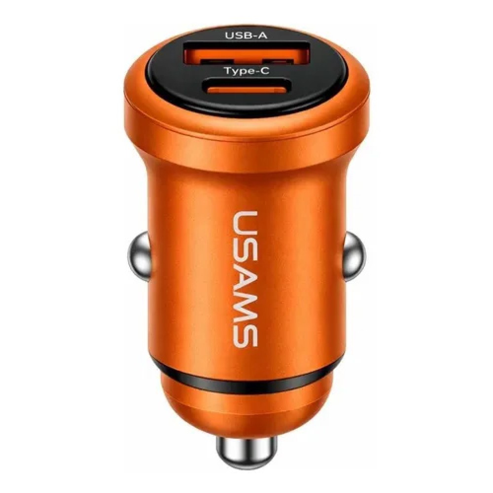 USAMS φορτιστής αυτοκινήτου CC322, USB & USB-C, 30W, πορτοκαλί