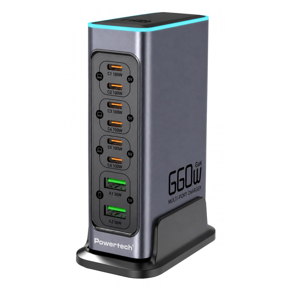 POWERTECH σταθμός φόρτισης PT-1621, 2x USB & 6x USB-C, GaN, 140W, γκρι POWERTECH σταθμός φόρτισης PT-1621, 2x USB & 6x USB-C, GaN, 140W, γκρι