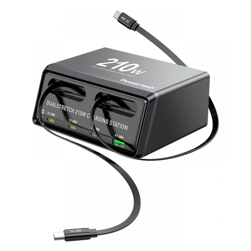 POWERTECH σταθμός φόρτισης PT-1623, USB/3x USB-C/2x USB-C καλώδια, GaN, 160W, μαύρος POWERTECH σταθμός φόρτισης PT-1623, USB/3x USB-C/2x USB-C καλώδια, GaN, 160W, μαύρος