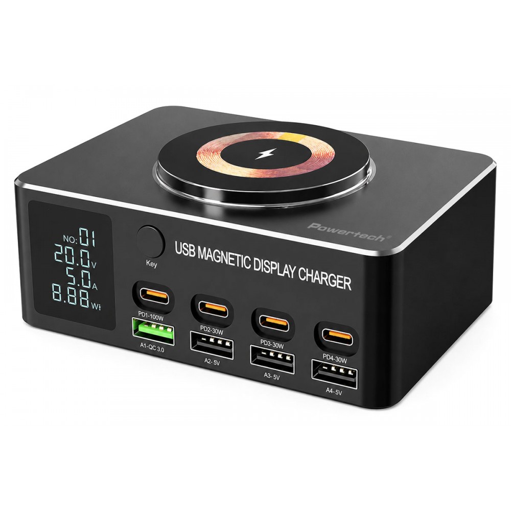 POWERTECH σταθμός φόρτισης PT-1625 με οθόνη, 4x USB/4x USB-C/wireless, 140W, μαύρος POWERTECH σταθμός φόρτισης PT-1625 με οθόνη, 4x USB/4x USB-C/wireless, 140W, μαύρος