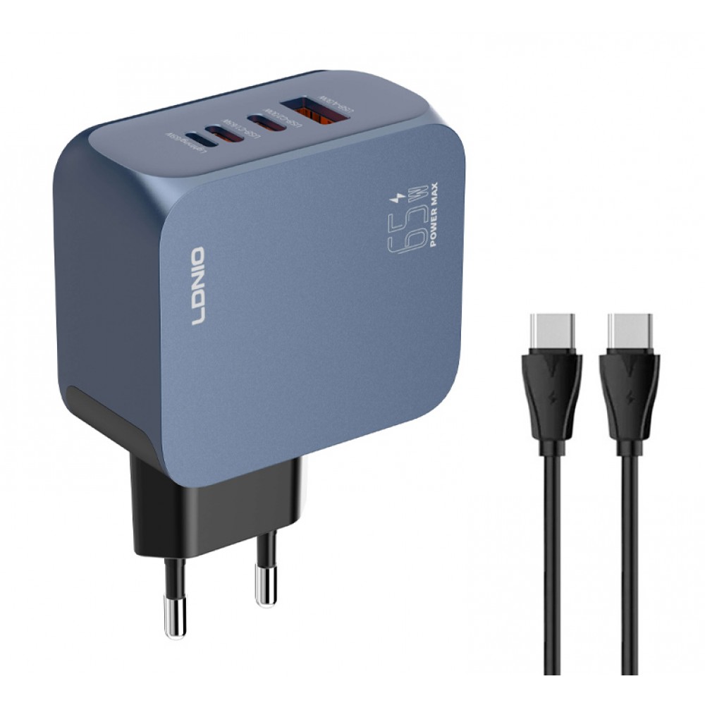 LDNIO φορτιστής τοίχου Q7 με καλώδιο USB-C, USB/Lightning/2x USB-C, GaN, 65W, μπλε LDNIO φορτιστής τοίχου Q7 με καλώδιο USB-C, USB/Lightning/2x USB-C, GaN, 65W, μπλε