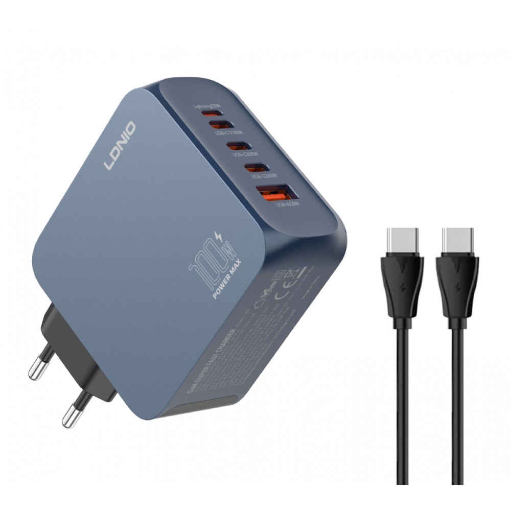 LDNIO φορτιστής τοίχου Q8 με καλώδιο USB-C, USB/Lightning/3x USB-C, GaN, 100W, μπλε LDNIO φορτιστής τοίχου Q8 με καλώδιο USB-C, USB/Lightning/3x USB-C, GaN, 100W, μπλε