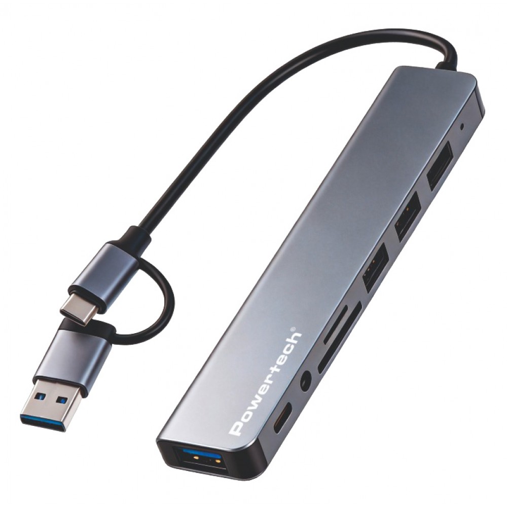 POWERTECH USB hub PTR-0205 με card reader, 8 θυρών, USB & USB-C σύνδεση, γκρι POWERTECH USB hub PTR-0205 με card reader, 8 θυρών, USB & USB-C σύνδεση, γκρι
