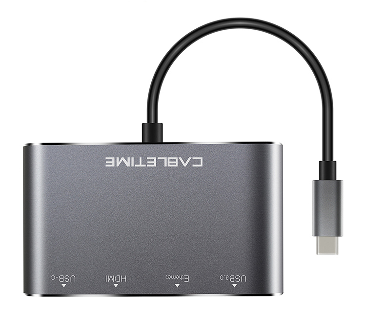 CABLETIME docking station CMHD41, 4 θυρών, USB-C, 20V/3A PD, 4K, γκρι