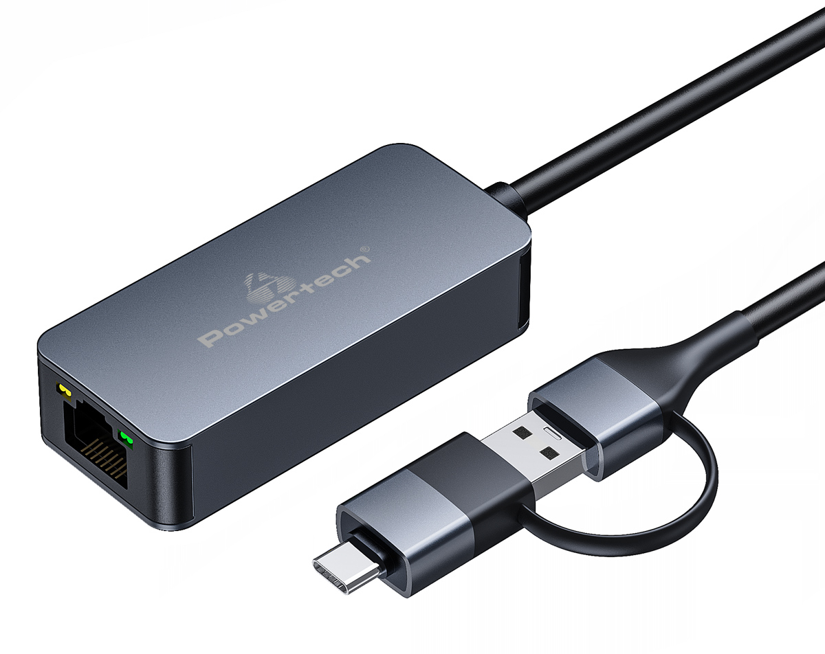 POWERTECH αντάπτορας δικτύου PTR-0149, USB &amp; USB-C, 1000 Mbps, γκρι