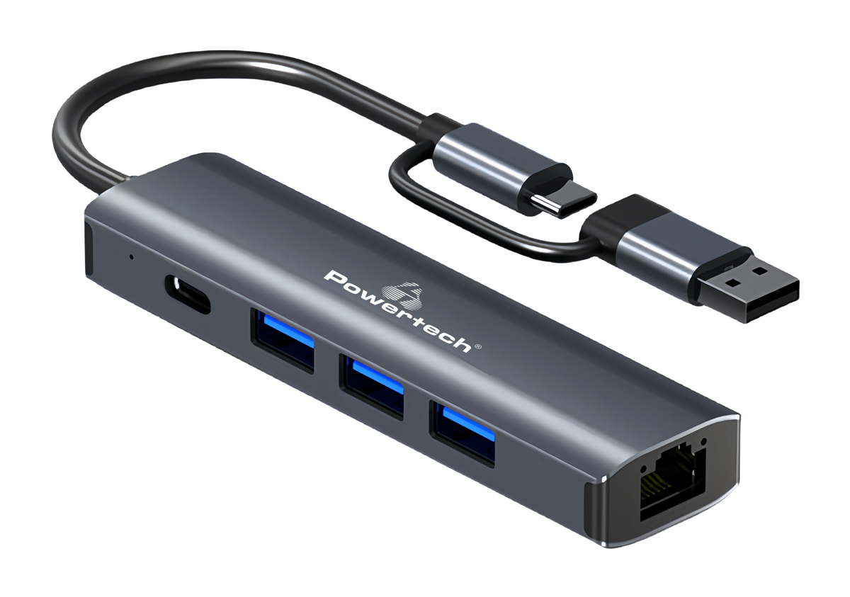 POWERTECH USB hub PTR-0150 με θύρα δικτύου, 4 θυρών, USB &amp; USB-C, γκρι