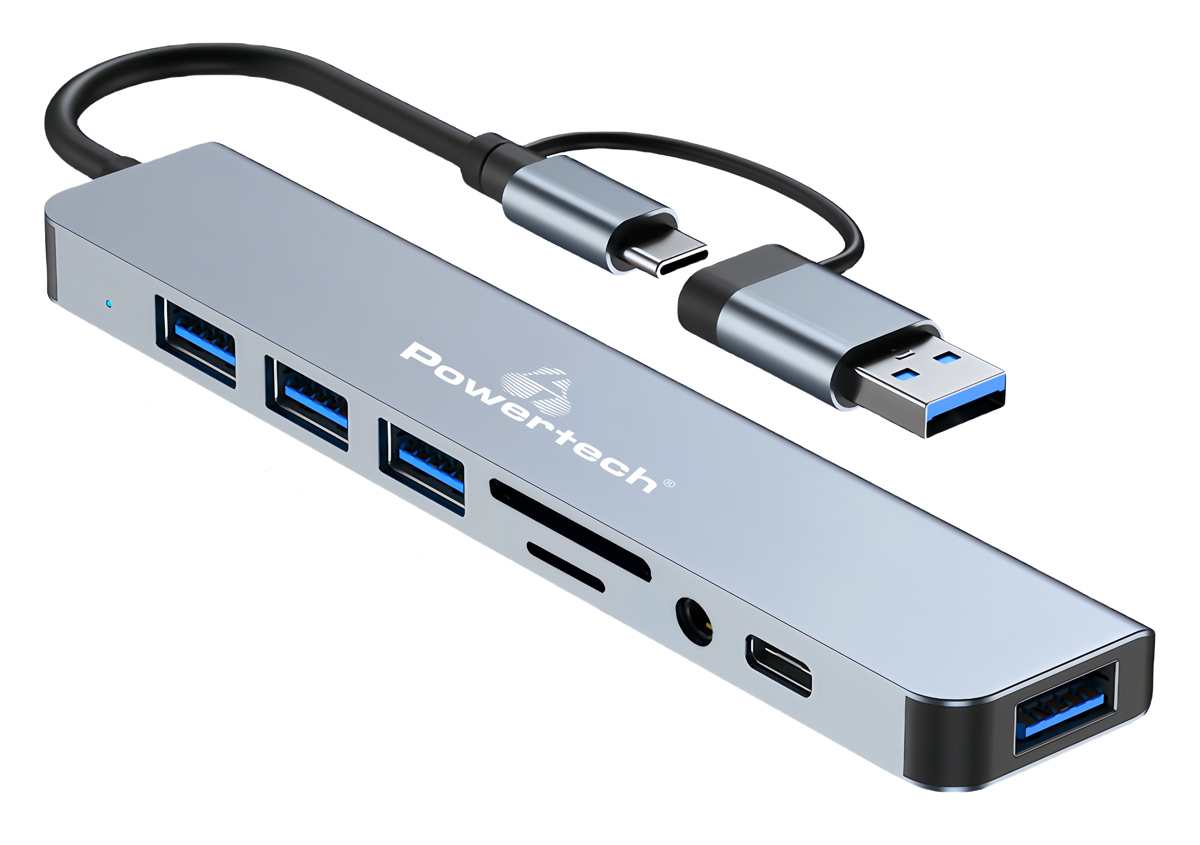 POWERTECH USB hub PTR-0151 με card reader, 8 θυρών, USB &amp; USB-C, γκρι