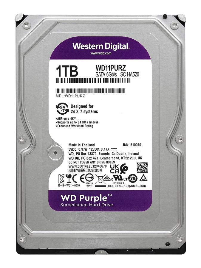 WD σκληρός δίσκος 3.5" Purple Surveillance 1TB, 256MB, 5400RPM, SATA III