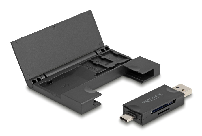 DELOCK card reader 91014 για SD &amp; micro SD, με θήκη, USB/USB-C, 5Gbps, μαύρο